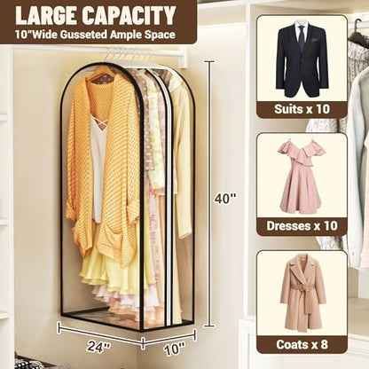 Garment Bags for Hanging Clothes 40” Long, Ultra Clear Suit Bags for Closet Storage, Moving Organization, Travel Covers with 10" Gussets for Coat, Dress, Shirt and Sweater - 2 PCS
