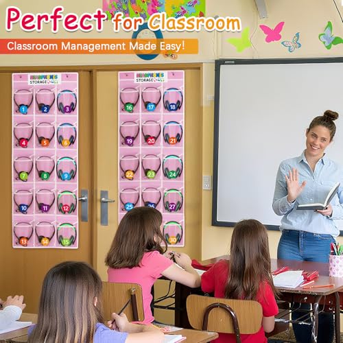 2 Pack Classroom Headphone Storage Organizer with 30 Pockets & 62 Labels | PVC Clear Classroom Pocket Chart for Headphone Cell Phone Over-the-Door Hanging Headphone Holder Bag for School Library, Pink