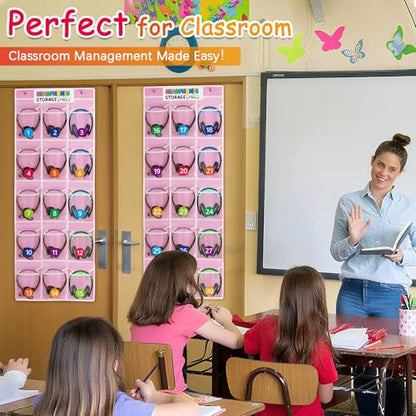 2 Pack Classroom Headphone Storage Organizer with 30 Pockets & 62 Labels | PVC Clear Classroom Pocket Chart for Headphone Cell Phone Over-the-Door Hanging Headphone Holder Bag for School Library, Pink