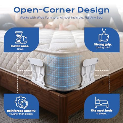 Bed Sheet Holders for Corners: No More Loose Sheets | Straps Heavy Duty Double-Sided Anti-Slip & Sheet Clips for Easy Installation Fits All Mattress Sizes (4PCS)