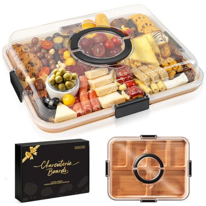 Portable Charcuterie Boards with Lid, Cheese, Veggie & Snack Tray | Clear Lid Keeps Food Fresh, Travel Portable Board for Kitchen, Picnic and Party, House Warming Gifts New Home