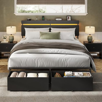 Forestell Queen Bed Frame with Wood Headboard,2 Storage Drawers & Shelf