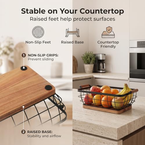 Rectangular Fruit Basket with Banana Hanger,Metal Wire Fruits Bowl with Wooden Base,Kitchen Table Organizer,Black Fruit Bowl for Kitchen Counter,Vegetable Bowls for Fruits, Veggies, Snacks.