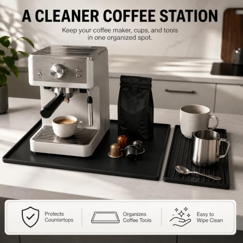 Silicone Coffee Mat 24 x 16 in with Tray, Classic Black | Coffee bar mat for countertop use, coffee station mat or coffee machine mat with removable tray and 0.47 in raised rim.