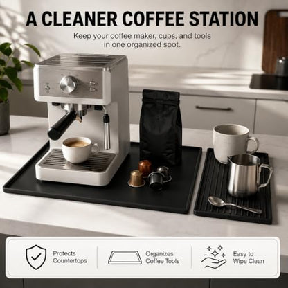 Silicone Coffee Mat 24 x 16 in with Tray, Classic Black | Coffee bar mat for countertop use, coffee station mat or coffee machine mat with removable tray and 0.47 in raised rim.