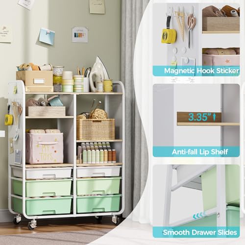 6 Drawers Rolling Storage Cabinet with Wood Top& Pegboards Green | Utility Craft Cart with Adjustable Shelves & Lockable Wheels for Classroom, Home Office & Art Studio, Household Organization