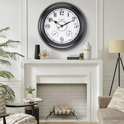 24 Inch Large Illuminated Outdoor Clocks Waterproof,IP65 Rating | Built In Adjustable Thermometer & Hygrometer, Bronze Black Metal, Weatherproof & Easy to Read for Patio, Pool & Home Decor