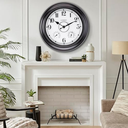 24 Inch Large Illuminated Outdoor Clocks Waterproof,IP65 Rating | Built In Adjustable Thermometer & Hygrometer, Bronze Black Metal, Weatherproof & Easy to Read for Patio, Pool & Home Decor