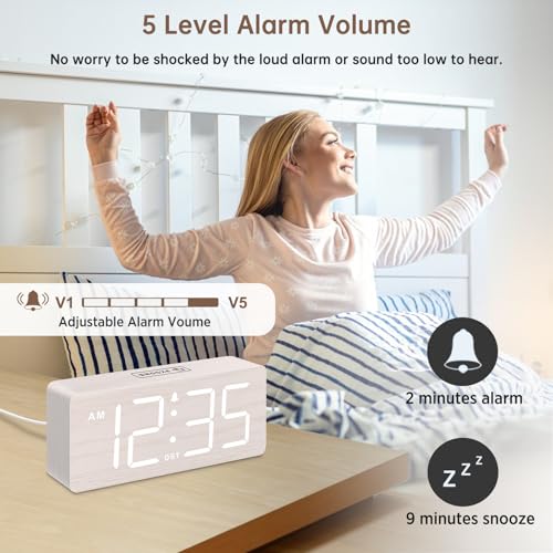 DreamSky Wooden Digital Alarm Clock for Bedroom with Large Numbers | Desk Clock for Living Room Office, Loud Alarm for Heavy Sleepers Adults, Volume Control, Dimmer, DST, Wood Decor (Plug-in)