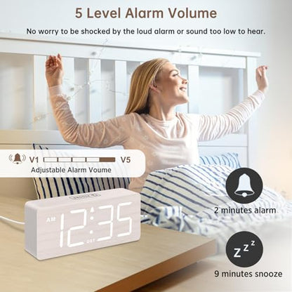 DreamSky Wooden Digital Alarm Clock for Bedroom with Large Numbers | Desk Clock for Living Room Office, Loud Alarm for Heavy Sleepers Adults, Volume Control, Dimmer, DST, Wood Decor (Plug-in)