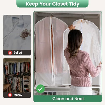 Carbrea 12 Pack Translucent Garment Bags for Hanging Clohes - 24" x 42" | Thick PEVA Materials, Smooth Zipper, with Zipper Protection, Breathable, Washable, Reusable, for Closet Storage, Travel Use