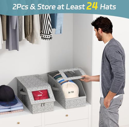 2 PCS Stackable Hat Storage for Baseball Caps, Holds up to 24 Caps Hat Organizer for Closet, Sturdy Snapback Boxes for Men with Cardboard, Grey