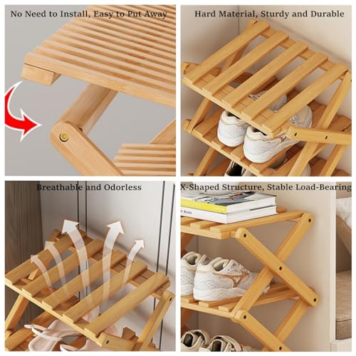 5 Tier Foldable Shoe Rack, Bamboo Vertical Shoe Organizer Tall for Multifunctional Narrow Shoe Shelf for Entryway, Closet, Corner, Bedroom, Hallway(Natural)