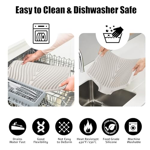 Silicone Dish Drying Mat for Kitchen Counter, Cream-1pcs, 20" x 15" | Heat Resistant & Non-Slip Dish Drain Pad with Built-In Drain, Dishwasher Safe, Quick-Dry, Hangable & Roll-Up for Storage