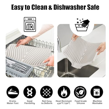 Silicone Dish Drying Mat for Kitchen Counter, Cream-1pcs, 20" x 15" | Heat Resistant & Non-Slip Dish Drain Pad with Built-In Drain, Dishwasher Safe, Quick-Dry, Hangable & Roll-Up for Storage