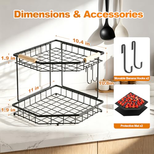 2 Tier Corner Fruit Basket for Kitchen Counter With 2 Banana Hangers | Space-Saving Corner Design, 2 Protective Mats,Wooden Handle,Fruit Holder For Fruit and Vegetable Storage,Counter Fruit Stand