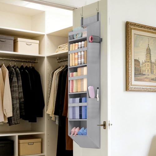 Lifewit 1 Pack Over the Door Organizer, Clear Window Hanging Storage with 4 Side Pockets, Anti Tilt 40 lbs Load Behind Door for Pantry, Nursery, Bathroom, Bedroom, Dorm, 5 Section, Gray