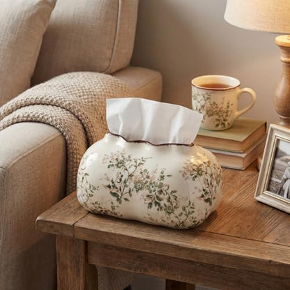 Yalikop Vintage Floral Ceramic Tissue Box Cover Chinoiserie Decorative Tissue Holder Retro Rustic Farmhouse Home Decor for Bathroom Vanity Table Living Room Bedroom Kitchen Office Green and Beige