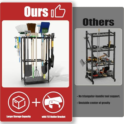 Garden Tool Organizer, 3-Tier Metal Yard Tool Rack with 14 Hooks & 5 Slots, Holds 50+ Rakes/Shovels/Brooms, Heavy Duty Freestanding Lawn Tool Storage for Garage Shed Outdoor Organization