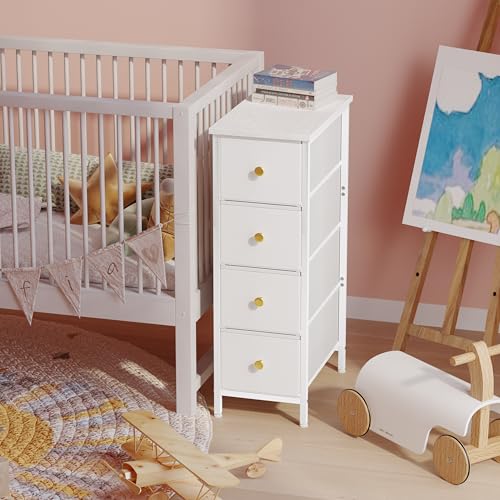 Fixwal Narrow Storage Cabinet, Small Dresser with 4 Drawers, Slim Fabric Nightstand for Small Spaces, White Dresser for Bathroom, Dorm, Bedroom, Laundry, Closet