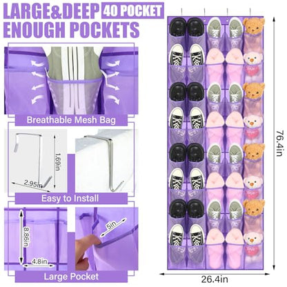 Windyun 40 Large over the Door Hanging Shoe Organizer Purple Mesh Pockets Shoe Rack for Closet Behind Door Hanger Storage Holder Nonslip for Cruise Essentials, Dorm Room Storage, Utility Room