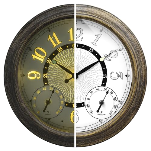 Pytha Sight 15 Inch Metal Illuminated Outdoor Clocks for Patio Waterproof | 15 Inch Large Outdoor Wall Clock Waterproof with Auto Light Smart Sensor,Thermometer & Hygrometer for Patio,Pool,Garden,Porch