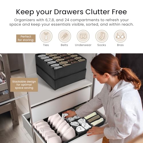 Reli. Sock Organizer (14 Pack) | 132 Cell Underwear Organizer | Gray | Drawer Dividers for Underwear, Sock, Tie, Bras, Clothing, Baby Clothes | Foldable Fabric Storage Bins for Drawer, Closet