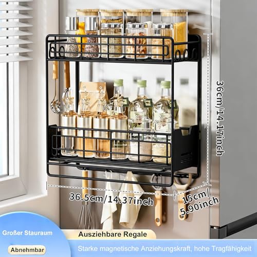 Magnetic Shelves for Washing Machine with Pull Out Shelf, Black Magnetic Sliding Racks for Side of Fridge, Magnetic Laundry Shelf with 5 Hooks, Magnet Laundry Room Organizer