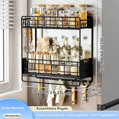 Magnetic Shelves for Washing Machine with Pull Out Shelf, Black Magnetic Sliding Racks for Side of Fridge, Magnetic Laundry Shelf with 5 Hooks, Magnet Laundry Room Organizer