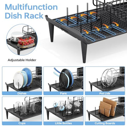 TOOLF Lagre Dish Drying Rack, Expandable Sink Dish Drainer, Black | Extendable 16.7" to 26.8", Stainless steel, Rust-proof, Fits Kitchen counter, Fast Drainage, Cutlery Holder, Space-Saving