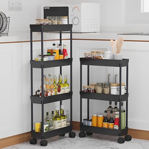 Sooyee 4 Tier Slim Storage Cart, Black | Rolling, Narrow Shelf, Mobile Shelving Unit Organizer, For Kitchen, Bathroom, Laundry Room
