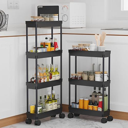 Sooyee 4 Tier Slim Storage Cart, Black | Rolling, Narrow Shelf, Mobile Shelving Unit Organizer, For Kitchen, Bathroom, Laundry Room