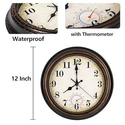 Outdoor Clock Waterproof with Thermometer Wall Clock for Patio Pool Bathroom Kitchen 12 Inch Bronze