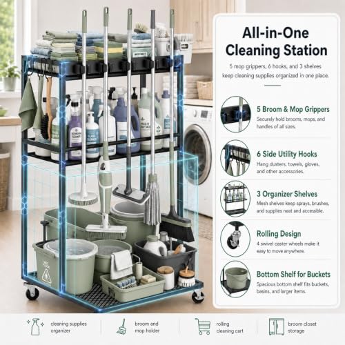 Cleaning Supplies Organizer Cart with Wheels, Broom and Mop Holder with 5 Grippers, 6 Hooks, 3 Shelves, Rolling Broom Closet Storage Rack for Laundry Room, Kitchen, Bathroom, Garage, Poolside
