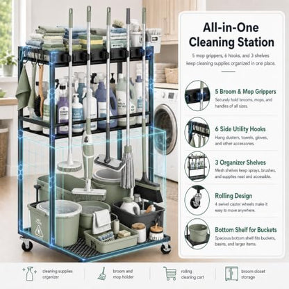 Cleaning Supplies Organizer Cart with Wheels, Broom and Mop Holder with 5 Grippers, 6 Hooks, 3 Shelves, Rolling Broom Closet Storage Rack for Laundry Room, Kitchen, Bathroom, Garage, Poolside
