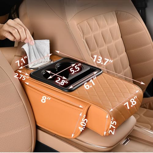 Car Armrest Cushion,5-in-1 Center Console Cover with 2 Storage Bags Cup Holder, Tissue Box Slot, Phone Slot for Sedans, Car Accessories Interior Organizers (Black red)