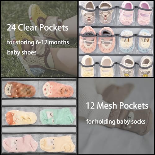 Dual-sided Hanging Baby Shoes Organizer Closet Toddler Shoe Storage Holder for Kids Bow Socks Underwear (GREY)