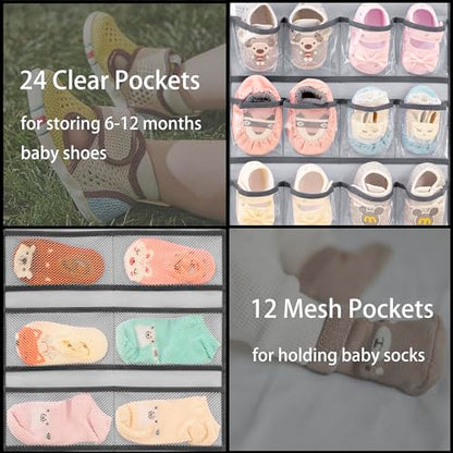 Dual-sided Hanging Baby Shoes Organizer Closet Toddler Shoe Storage Holder for Kids Bow Socks Underwear (GREY)