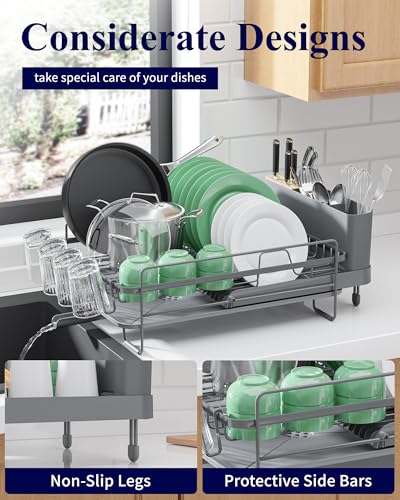 Kitsure Extendable Large Dish Drying Rack, 18.2"-25.7" L x 12.9" W, Grey | Large Drying Dish Rack with Cutlery, Cup Holders, Multifunctional Dish Rack for Counter with Drainage, Anti-Rust Dish Drainer