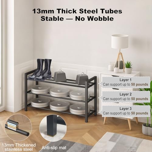 3-Tier Expandable Metal Shoe Rack for Closet & Entryway, Shoe Organizer | Shoe Storage • Adjustable Width • Holds 6–9 Pairs • Heavy-Duty Steel • Space-Saving Design • Tool-free • Easy Assembly