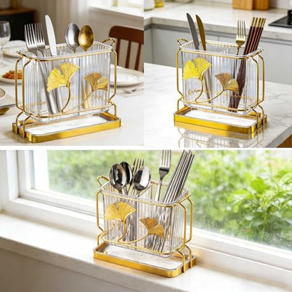 Kitchen Utensil Holder, Dry & Wet Separation, Uten... (Clear gold | Plastic)