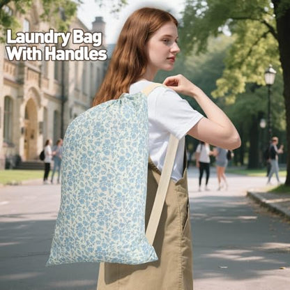Laundry Bag Backpack for Dorm & Travel, 29 x 18" Large Dirty Bag | Cute Blue Floral College Clothes Pouch with Straps and Handles. Ideal for Apartment, Camp and Portable Bag for Laundromat