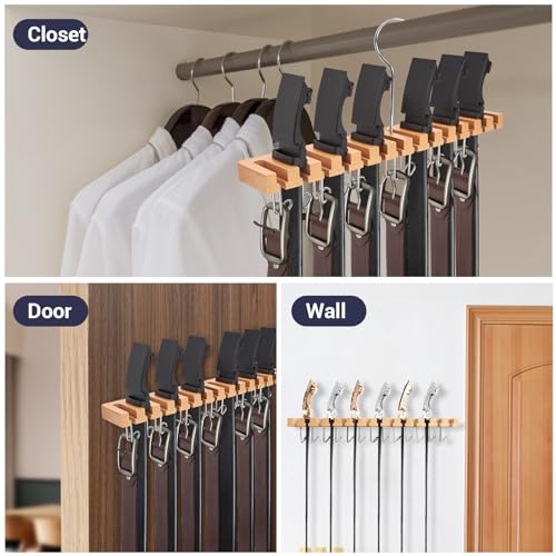 Belt Hanger Organizer for Closet: Ohuhu 2 in 1 Wall Mount Hanger 14 Slots+13 Hooks Storage Wooden Belt Organization 360 Degree Rotating Belt Display Holder for Belt Tie Scarf Accessories