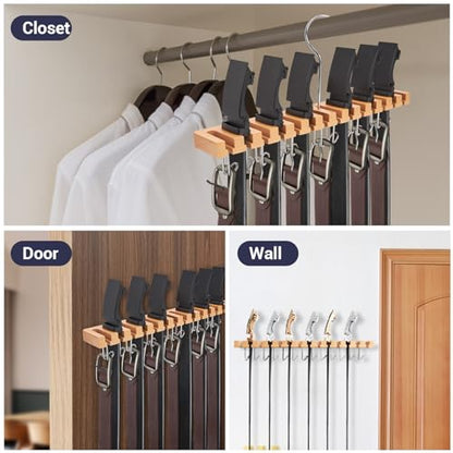 Belt Hanger Organizer for Closet: Ohuhu 2 in 1 Wall Mount Hanger 14 Slots+13 Hooks Storage Wooden Belt Organization 360 Degree Rotating Belt Display Holder for Belt Tie Scarf Accessories