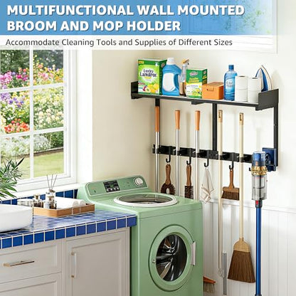 27" Mop and Broom Holder Wall Mount with Top Storage Shelf & Hooks,Black | Mop Hanger Wall Mount, 5 Grippers, 5 Hooks, Wall Organizer For Laundry Room, Garage And Kitchen