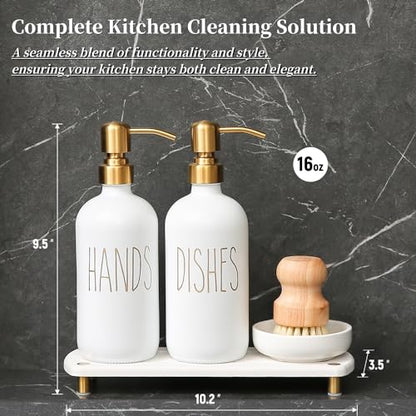 Gold Soap Dispenser Set Comes with Stainless Steel Pumps | Instant Dry Tray and Dish Scrub Brush, Suitable for Kitchen Decor and Accessories
