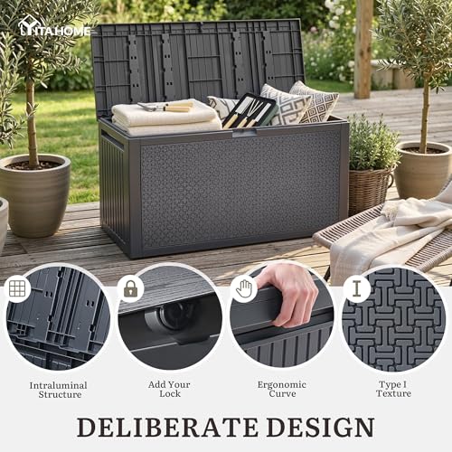 YITAHOME 95 Gallon Outdoor Storage Deck Box | Waterproof Resin Deck Box w/Handles, Lockable Outdside Deck Box for Patio Furniture, Garden Tools, Lockable & UV