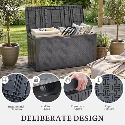YITAHOME 95 Gallon Outdoor Storage Deck Box | Waterproof Resin Deck Box w/Handles, Lockable Outdside Deck Box for Patio Furniture, Garden Tools, Lockable & UV