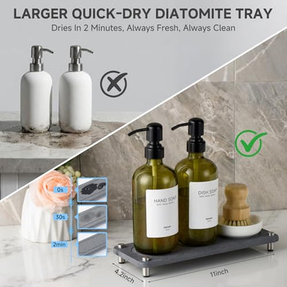 2 Pack Kitchen Soap Dispenser Set - 16oz Green Glass Dish and Hand Soap Dispenser with Stainless Steel Pump, Instant Dry Tray, Dish Brush & Holder, Refillable Countertop Sink Decor for Kitchen & Bath