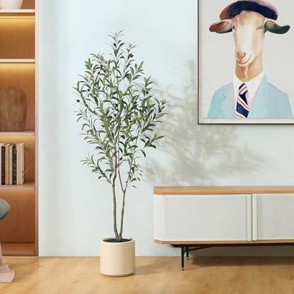 Artificial Olive Trees, 5 ft Tall Fake Olive Trees for Indoor | Faux Olive Silk Tree with White Planter,Large Olive Plants for Home Decor and Housewarming Gift, 1 Pack